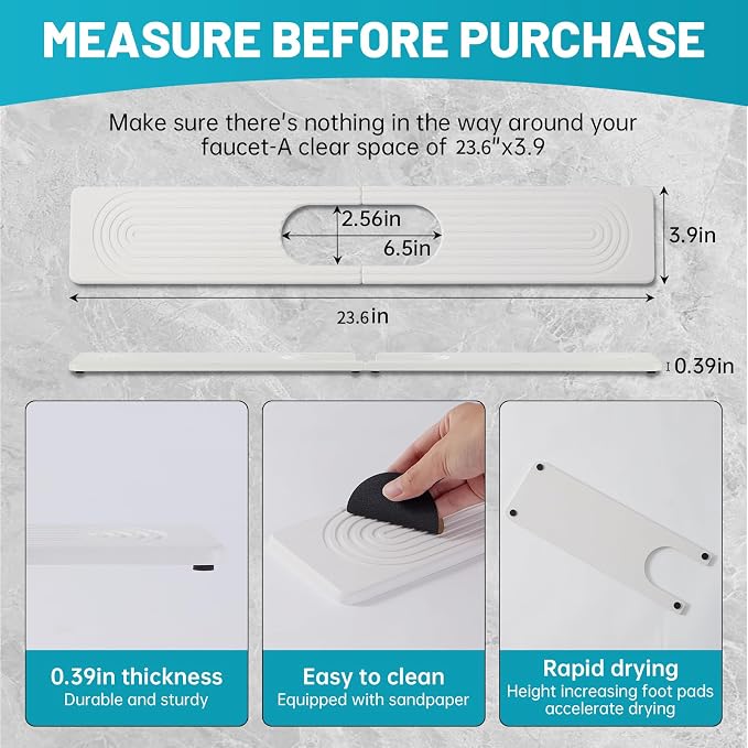 Stone Faucet Mat for Kitchen Sink Oval Hole Bathroom sink splash guard | Water-Absorbing Diatomite Stone Drying Mat & Sink Protectors Absorbent Stone Tray for Bathroom Counter, Oval Hole 6.5" x 2.5" - Image 2