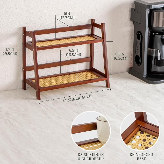 ANBOXIT Matcha Station Organizer, Countertop Bamboo Coffee & Tea Station | Rattan-Look 2 Tier Mug Holder Display Stand for Kitchen Condiment, Coffee Accessories, Home, Office - Brown - Image 5