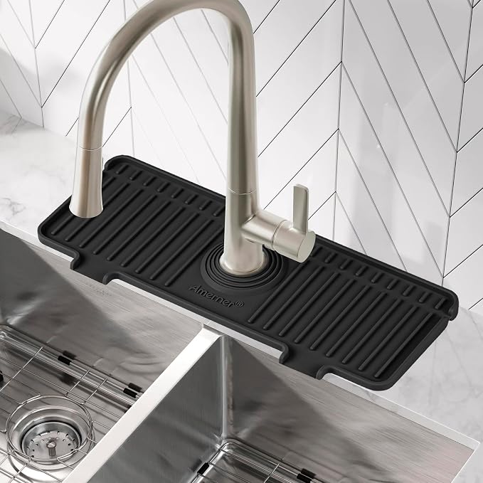 Amerner Kitchen Sink Splash Guard, 10° Large Slope & Adaptable Hole Faucet Mat for Kitchen Sink, Silicone Sink Organizer Sponge Holder for Kitchen, Bathroom, RV, Bar, 14.2” x 5.1”, Black by Amerner