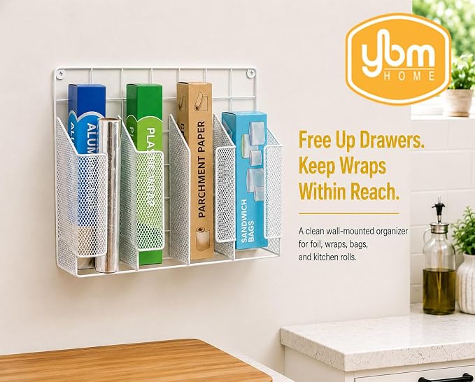 YBM HOME 4-Compartment Wall Mount Kitchen Storage Organizer Holder Basket Pantry Caddy Wrap Rack for Aluminum Foil, Sandwich Bags - White 2232 - Image 3