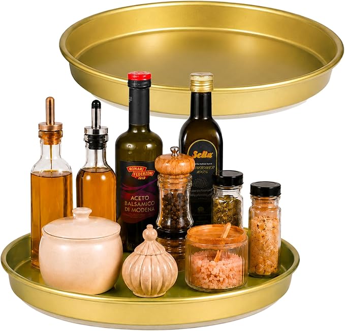 Amolliar 10" Metal Lazy Susan Organizer, Gold 2 Pack, Spice Turntable Tray | Metal 360 Rotating Turntable Organizer For Kitchen, Fridge, Pantry Cabinet Counter, Condiment Rack, Table Decor, Gold 2 Pack by Amolliar