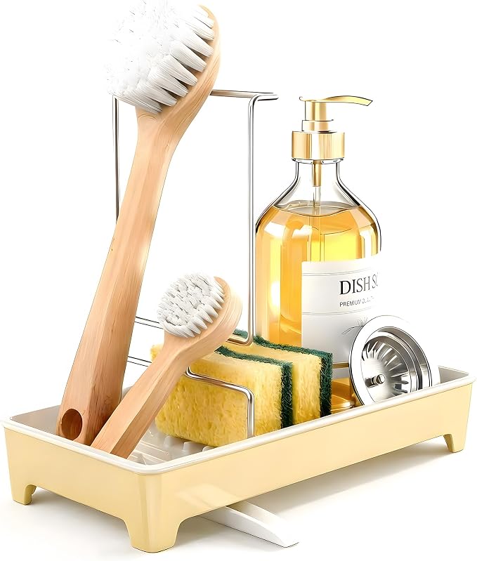 Minimalist Sink Caddy, Rustproof Sponge Holder for Kitchen Sink Yellow | Large Rustproof countertop organizer with 304 stainless steel brush holder, raised ridges and silicone drain tube - Image 2