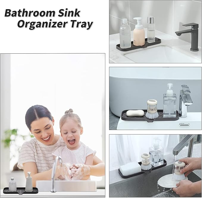 MicoYang Silicone Soap Dish with Drain Spout — Self-Draining Double Sink Organizer Tray for Kitchen & Bathroom, Dispensers, Sponges & Soap Holder, Non-Slip & Dishwasher Safe, Coffee (Large, 12"×4") - Image 4