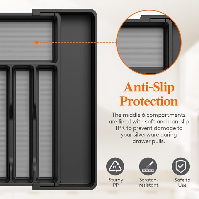 Lifewit Extra Large Silverware Drawer Organizer, Expandable Utensil Tray | BPA Free Flatware Cutlery Holder for Kitchen, Adjustable Plastic Storage for Spoons Forks Knives, 13-22.4 x 16.7, Black Gray - Image 4