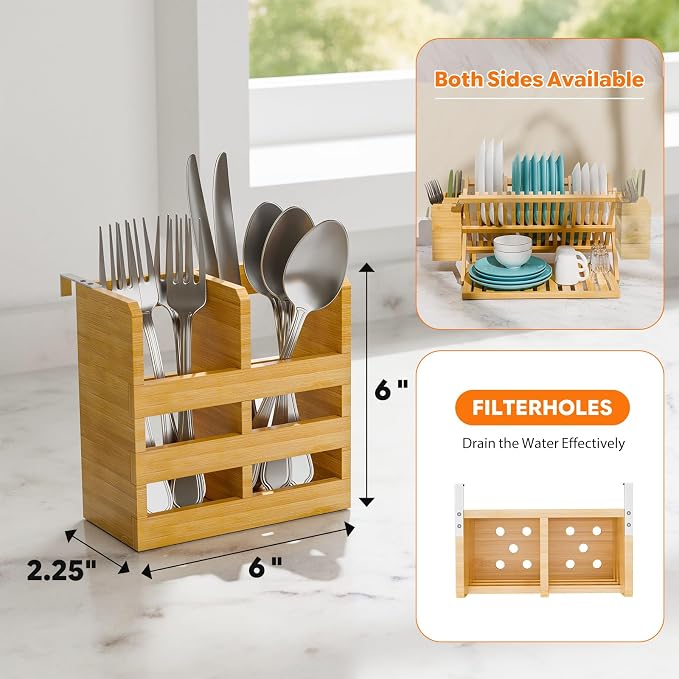 Simple Trending Bamboo Dish Drying Rack, 3 Tier with Utensil Holder | Collapsible Dish Rack, Large Foldable Dish Drainer for Plates, Cups, Bottles, Utensils, Kitchen Counter, Space Saving - Image 3