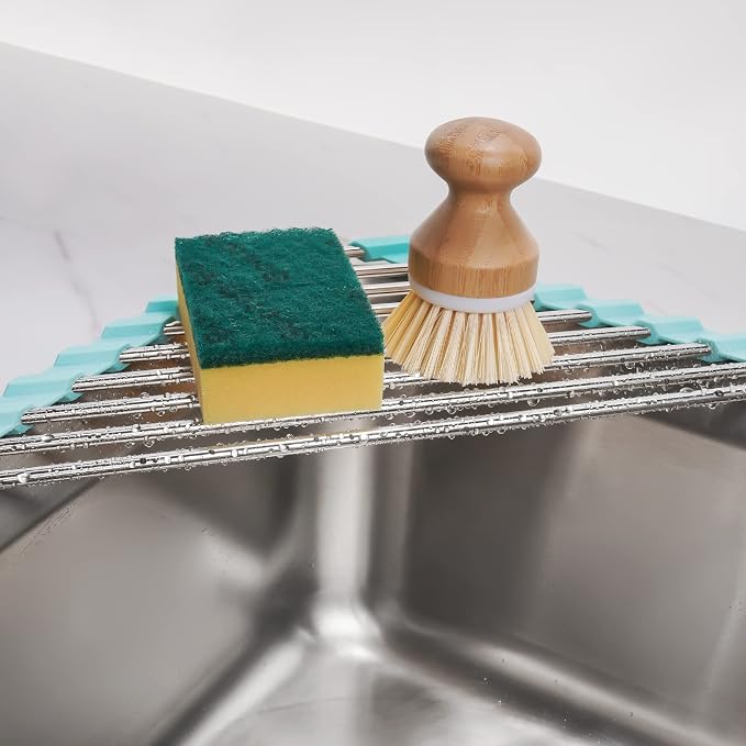 Tomorotec Green Triangle Roll-Up Dish Drying Rack for Sink Corner - Small, Foldable, Stainless Steel, Multipurpose Kitchen Drainer Caddy, Trivet, Rustproof Organizer, Storage Shelf | BPA-Free Food-Grade Silicone Edges Foldable Waterproof Rustproof Heav... - Image 3