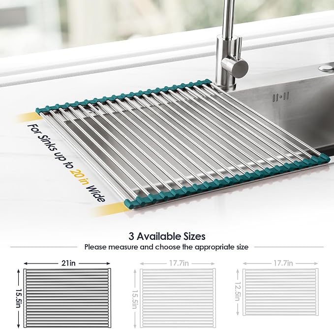 Tomorotec Roll Up Dish Drying Rack Over Sink, 304 Steel,21x15.5,Dark Green | Anti-Slip Silicone Rims For Grip, Heat-Resistant Trivet Mat Holding Heavy Cookware, Rustproof Kitchen Counter Space Saver - Image 4