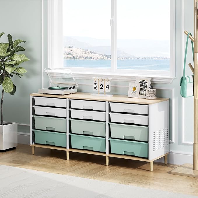 TOOLF 12 Drawers Storage Cabinet with Wooden Top and Plastic Bins,Green | Toy Shelf Storage Chest Cubby Organizer, for Home, Office, Playroom, Classroom & Craft Room - Image 2