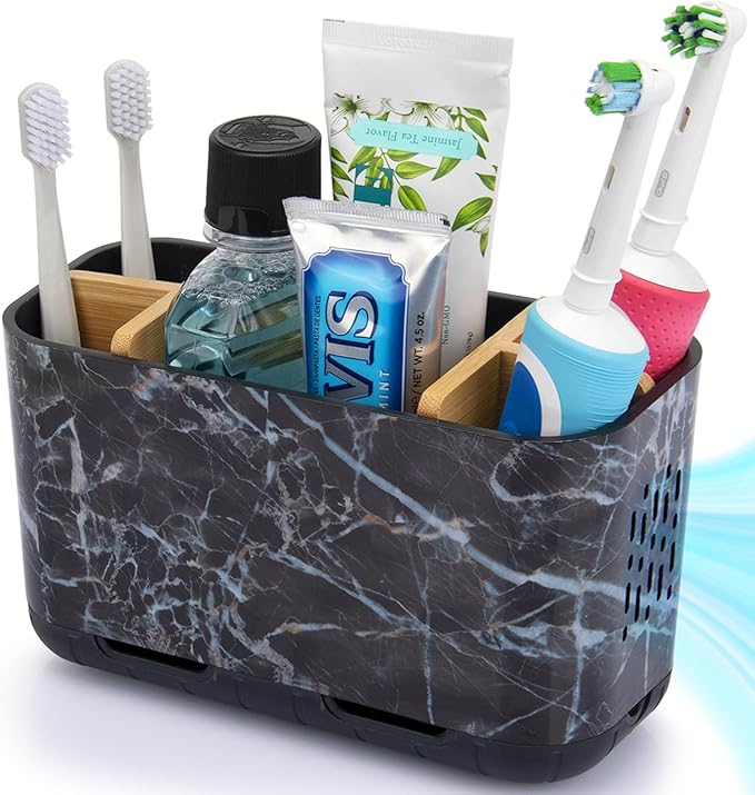 GFWARE Marble Toothbrush Holders with Drainage, Bathroom Organizer, Large | 5 Slots Toothbrush and Toothpaste Holder with Bamboo Divider, Kids Electric Toothbrush Holder for Bathroom, Marble-Look by GFWARE