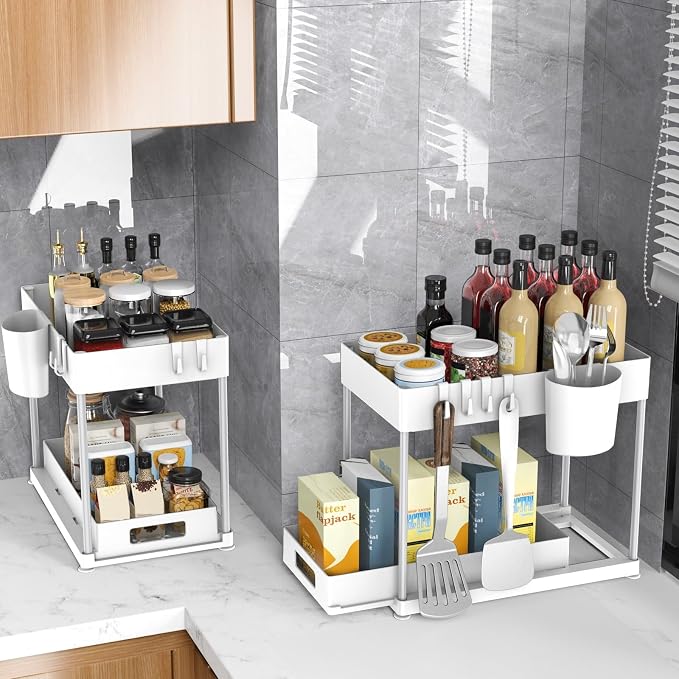 2 Pack Under Sink Organizer with Pull-Out Drawer, White | 2-Tier Cabinet Storage, Kitchen & Bathroom, Tool-Free Assembly, Fits Cleaning Supplies & Toiletries, Space Saving - Image 5