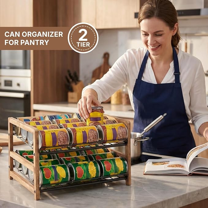 DGWJSU Can Organizer for Pantry 2-Tier, Holds up to 24 Cans Storage | Cans Holders for Pantry, Cabinet, Countertop, Carbonized Brown - Image 2