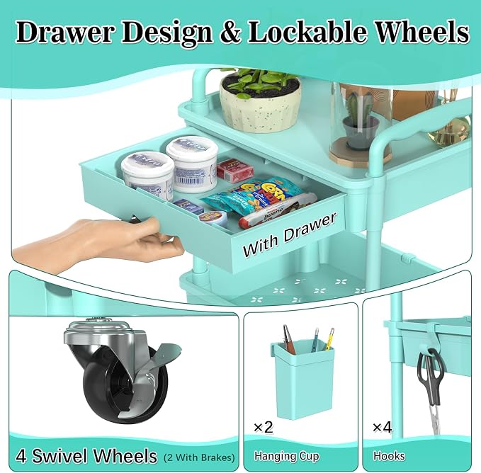 SUNALLY 4 Tier Rolling Cart with Drawer, Craft Storage Cart Organizer, Blue | Bathroom Storage Organizer with 2 Lockable Wheels, Rolling Utility Cart for Kitchen, Office, Baby, Makeup, Nail,Snack,Laundry - Image 3
