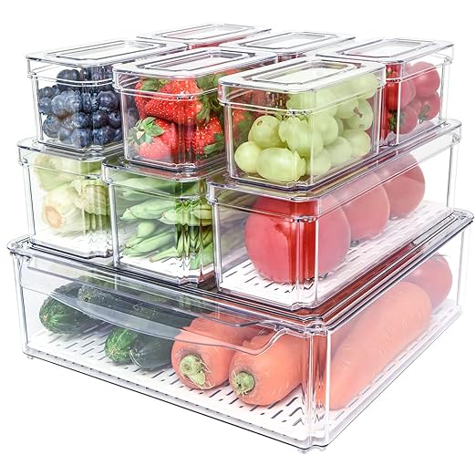 POMEAT 10 Pack Fridge Organizer, Stackable Refrigerator Organizer Bins with Lids, Produce Fruit Storage Containers for Storage Clear for Food, Drinks, Vegetable Storage by Pomeat