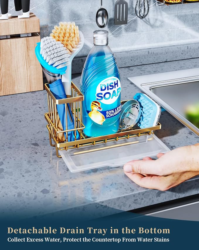 Consumest Sink Caddy, Kitchen Sponge Holder with Dish Brush Holder, Kitchen Sink Organizer with Drip Tray for Countertop, Stainless Steel Rustproof - Gold - Image 3