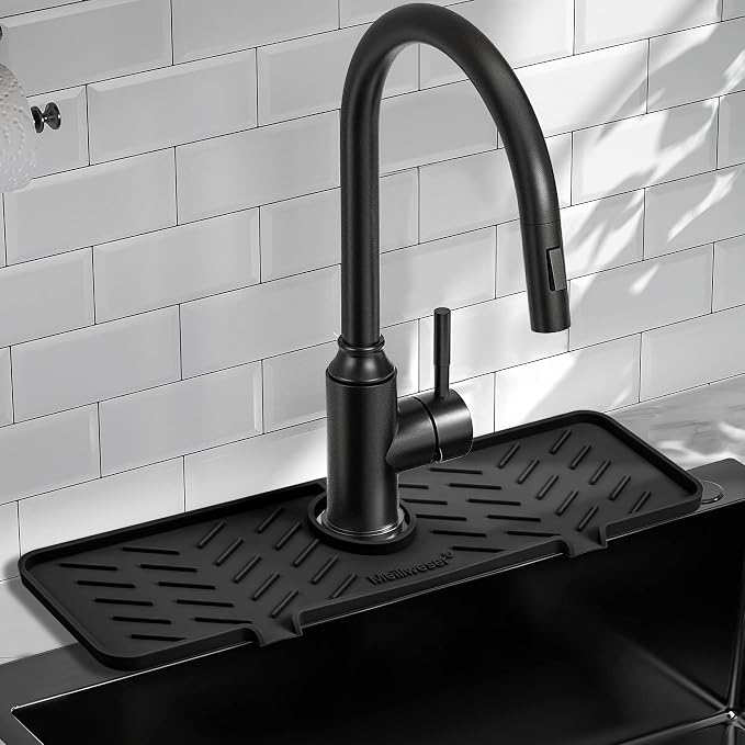 Silicone Faucet Mat for Kitchen Sink – Gen 2 Splash Guard with Upgraded Outlet & Slope – 18” x 5.1” Water Catcher & Sink Sponge Holder for Kitchen and Bathroom (Black) by Meiliweser