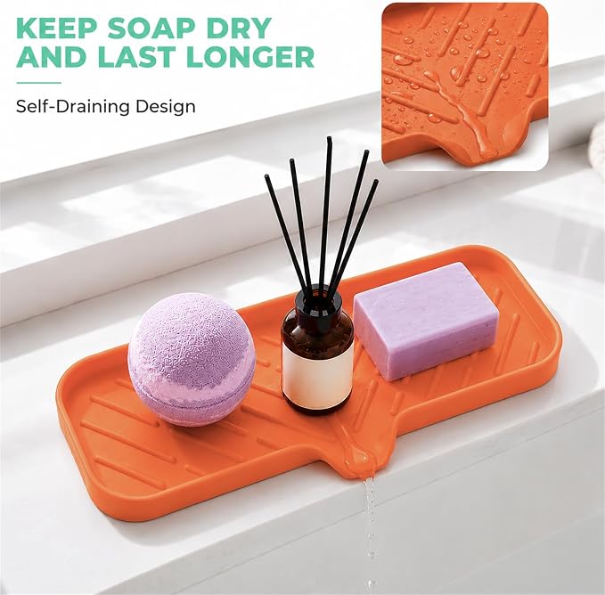 MicoYang Silicone Soap Dish with Drain Spout — Self-Draining Double Sink Organizer Tray for Kitchen & Bathroom, Dispensers, Sponges & Soap Holder, Non-Slip & Dishwasher Safe, Orange (Large, 12"×4") - Image 7