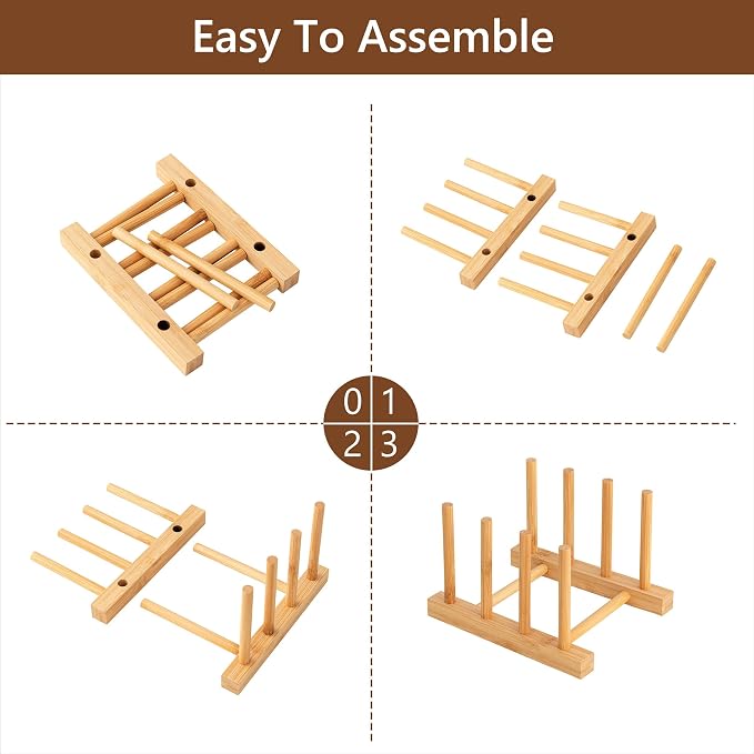 HBlife Bamboo Dish Plate Bowl Cup Book Pot Lid Cutting Board Drying Rack Stand Drainer Storage Holder Organizer Kitchen Cabinet（Keep Dry） - Image 7