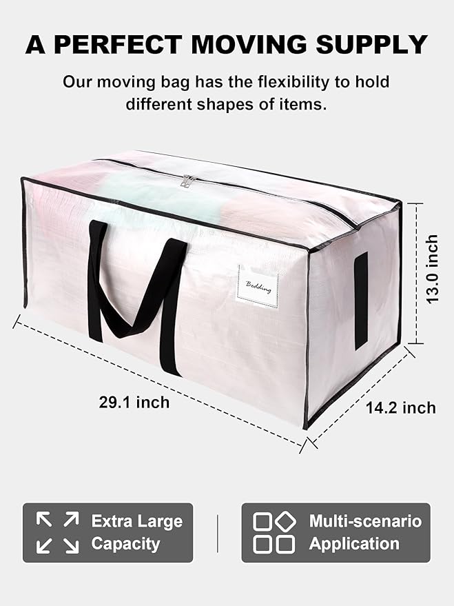HOMESURE Supports 200lbs Heavy Duty Moving Bags - Strong Zipper & Wrap-Around Handles - Water-Resistant Storage Totes, Durable Alternative to Moving Boxes - 4 Pack - Semi-Transparent - Image 5