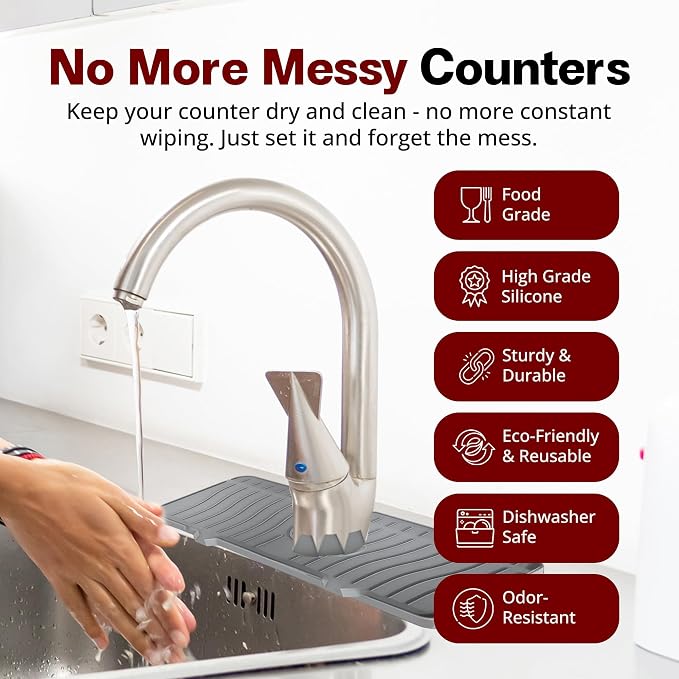 Odrago Silicone Faucet Mat (14"x5.70"x0.59"), Bathroom, Countertop and Kitchen Sink Splash Guard, Anti-Slip Faucet Drip Catcher Tray, 90-Degree Foldable Edge, Sloped Design for Fast Drying, Grey - Image 9
