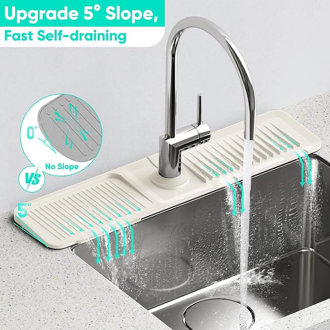 24'' Faucet Mat for Kitchen Sink [5°Slope Fast Self-draining] Faucet Mat Kitchen Sink Splash Guard Silicone Sink Faucet Mat Splash Guard Kitchen Sink Area Tidy Splash Faucet Guard Draining Mat-Beige - Image 2