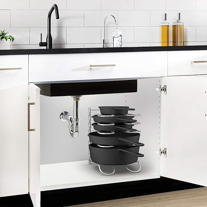 Heavy Duty Pan Rack, Pot Lid Rack, Kitchen Cabinet Pantry Cookware Organizer Rack Holder with 5 Adjustable Dividers, Chrome - Image 7