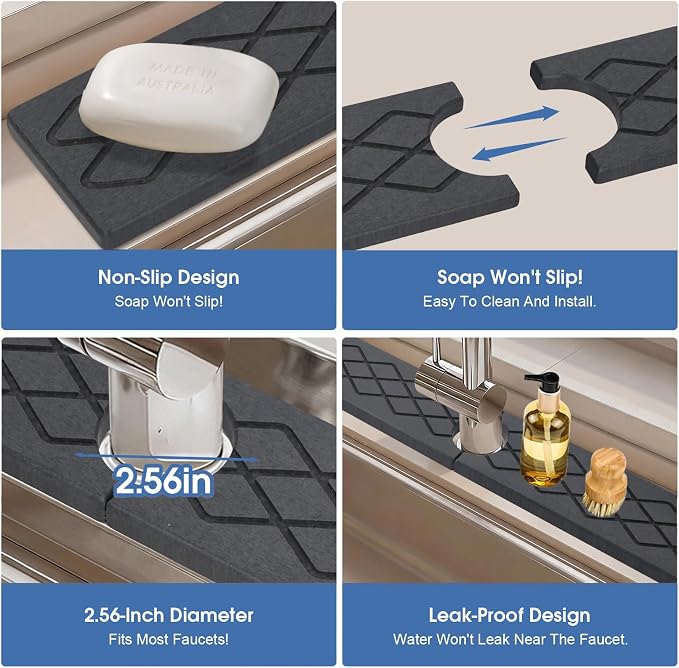 Stone Faucet Mat for Kitchen Sink, Quick-Dry Non-Slip Drying Tray, Diatomite Drying Stone Mat Sink Protectors, Prevent Moisture for Kitchen Bathroom Counter, Matte black, 23.6" x 4" - Image 6