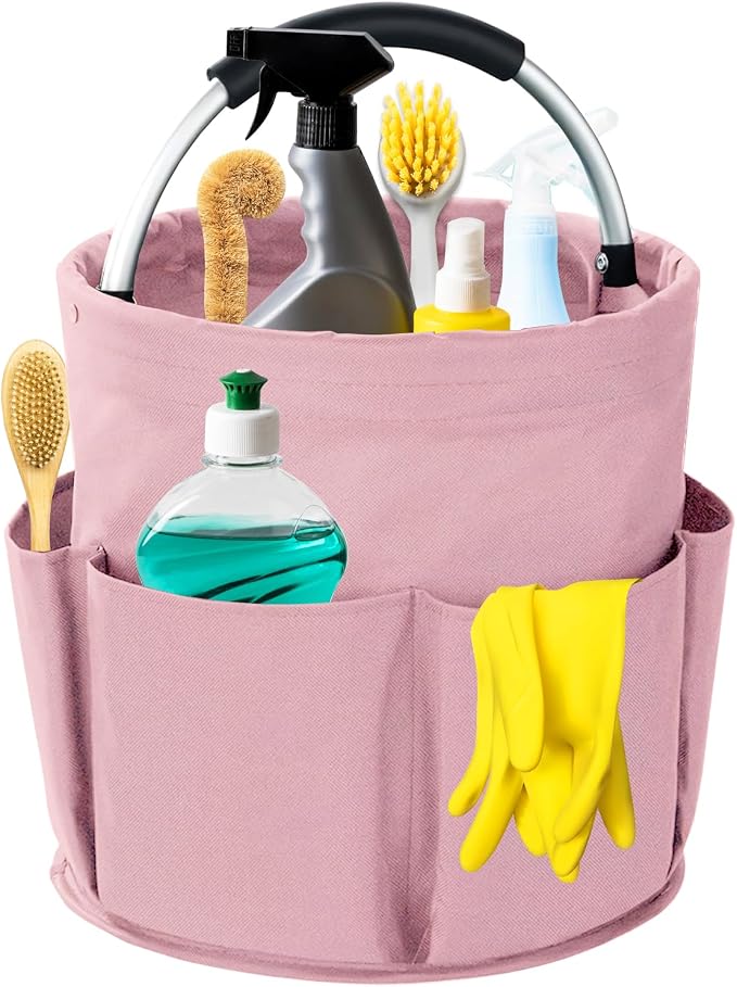 Cleaning Caddy with Handle, 17L Foldable Cleaning Supplies Organizer, Portable Storage Basket, Cleaning Supply Caddy, Multifunctional Cleaning Bucket Bag for Garden, Home, Kitchen (Pink) by Unknown