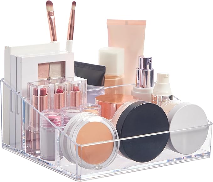 STORi Clear Plastic Small Countertop Vanity Makeup Organizer, Compact Rectangular 4-Compartment Holder for Brushes, Eyeshadow Palettes, & Beauty Supplies, Made in USA by STORi
