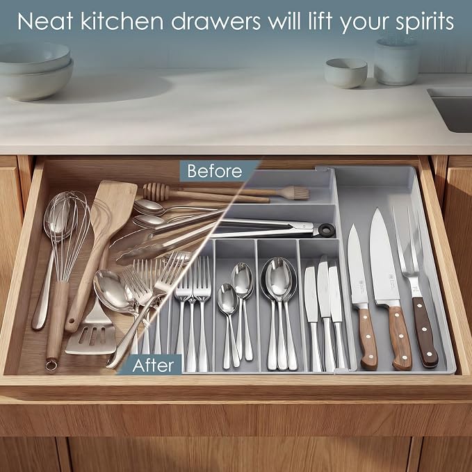 Silverware Drawer Organizer, 9 Slots Expandable Kitchen Drawer Organizer | Extra Large Utensil Holder & Cutlery Tray, Heavy Duty Stainless Steel Frame Flatware Organizer, Non-Slip Feet Included, Gray - Image 4
