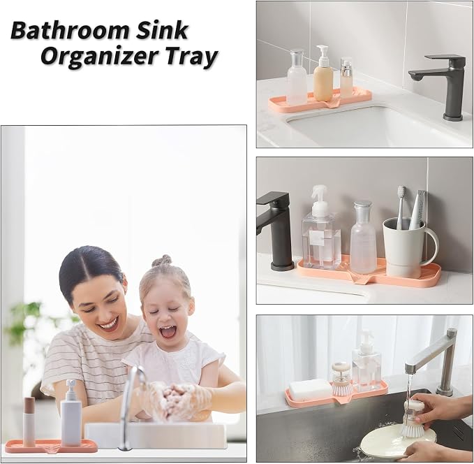 MicoYang Silicone Soap Dish with Drain Spout — Self-Draining Double Sink Organizer Tray for Kitchen & Bathroom, Dispensers, Sponges & Soap Holder, Non-Slip & Dishwasher Safe, Pink (Large, 12"×4") - Image 4