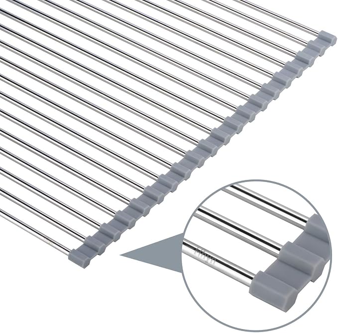 Hhyn Roll Up Dish Drying Rack Over The Sink 17.7"(L) x 15.6"(W), Gray | Multipurpose Foldable Stainless Steel Kitchen Rollable Drainer Rack - Image 4
