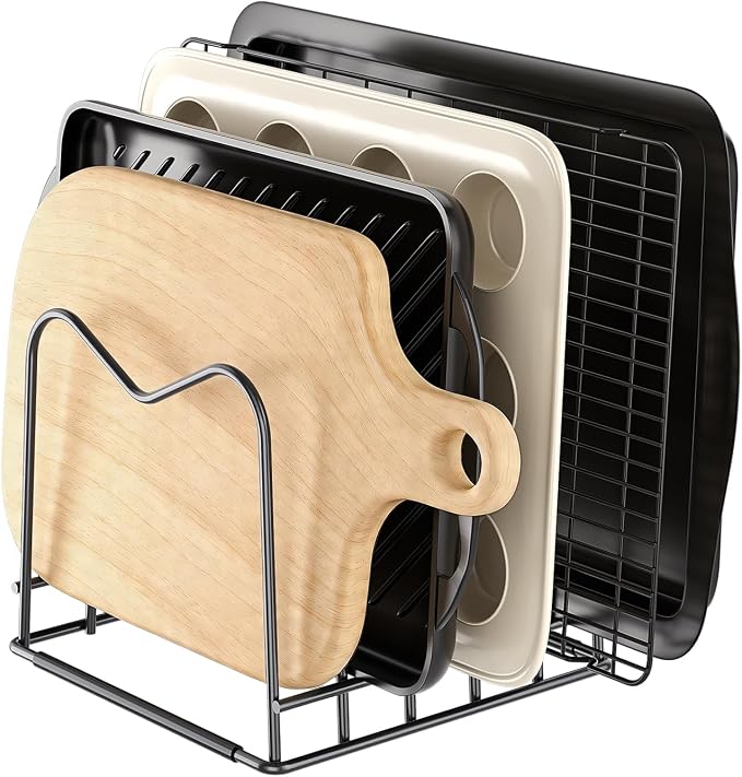 5mm Wire Cutting Board Organizer Holder Stand for Cabinet Countertop | Full silicone strip, no slipping or scratches, 1.2" slot spacing, Holds cutting boards, sheet pans, skillets inside Cabinet by ORDORA