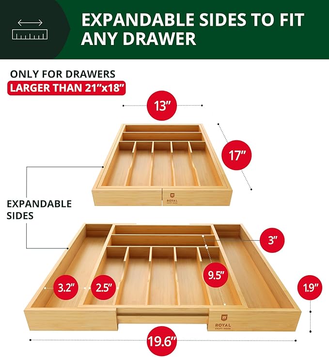 ROYAL CRAFT WOOD Luxury Bamboo Kitchen Drawer Organizer - Silverware Organizer, Utensil Holder & Cutlery Tray Drawer Dividers for Flatware (9 Slot, Natural) - Image 2