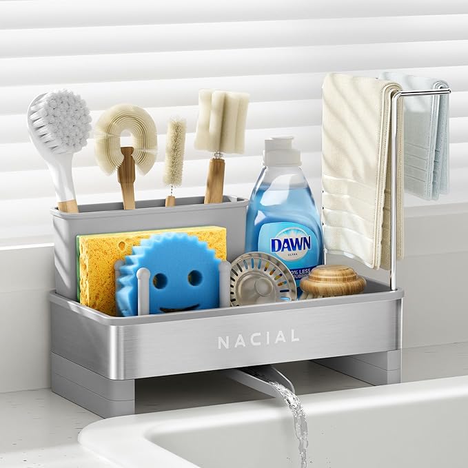 Nacial Kitchen Sink Organizer, Sink Caddy with Sponge & Tall Brush Holder | 304 Stainless Steel Kitchen Countertop Organizer with Double-Bar Towel Holder, Stores Sponge, Brush, Towel & Sink Essentials by NacialPromise-Consumersfirstalways