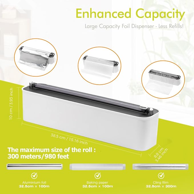 Aluminum Foil & Plastic Wrap Dispenser with Cutter - Magnetic & No-Drill Wall Mount, Cling Film Dispenser for Countertops & Cabinets, Space-Saving Kitchen Organizer - Fits 300 m Rolls, Black - Image 5