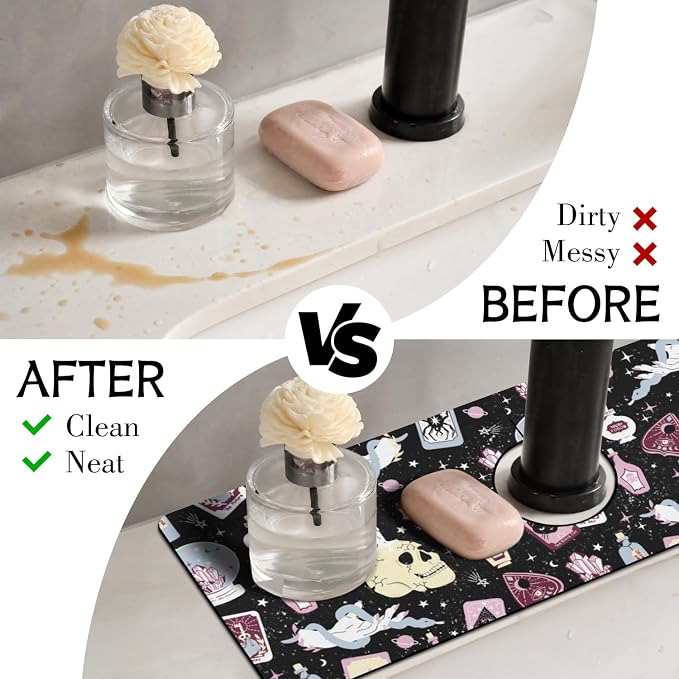 Halloween Kitchen Sink Splash Guard Faucet Mat,Black Witches Ghost Skulls Halloween Faucet Non-Slip Absorbent Mat,Farmhouse Sink Splash Guard Behind Faucet for Kitchen Bathroom,15"x5.5" - Image 3