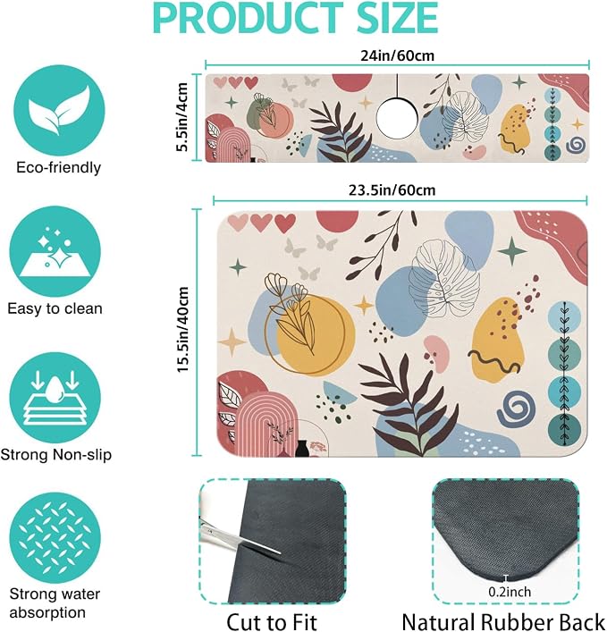 Dish Drying Mat for Kitchen Counter Matt, 2PCS 23"x15" Dish Drainer Mat & 24"x5.5" Sink Splash Guard, Super Absorbent Non-slip Rubber Backed - Image 2