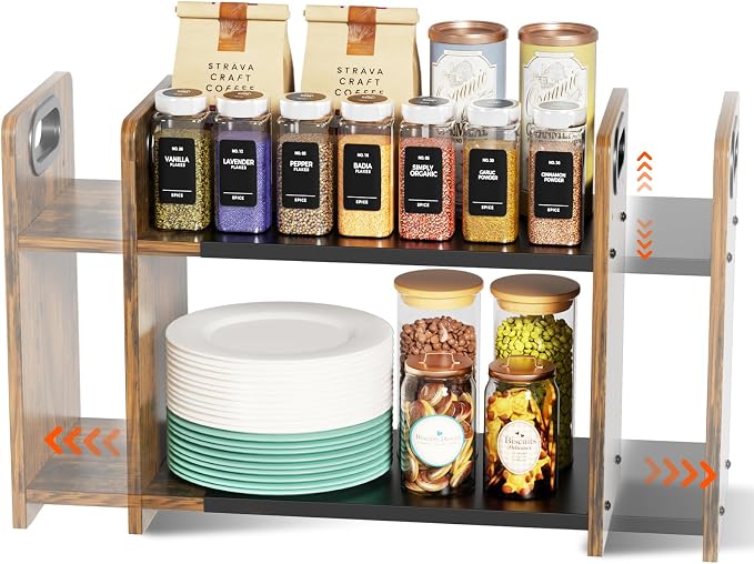 2-Tier Expandable Spice Rack Organizer for Countertop,15.2"-21.5" | Metal & Wood ,Adjustable Height Spice Racks Shelf for Counter Cabinet Coffee Station, Space-saving Kitchen Storage Shelves by Xpatee