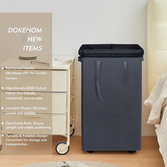 DOKEHOM 90L X-Large Rolling Laundry Basket Hamper on Wheels, Grey | Collapsible clothes hamper with removable mesh wash bag. High-capacity foldable washing bin organizer - Image 2