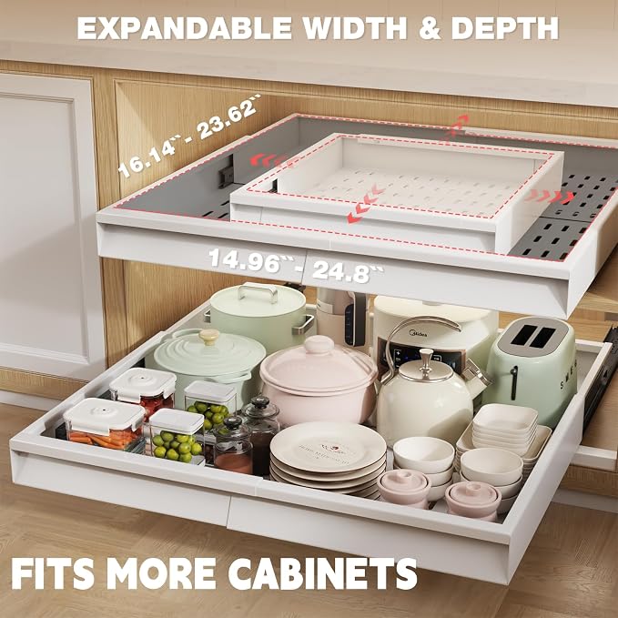 Seinloes Pull Out Cabinet Organizer, 4-Side Expandable to Fit Most Cabinets, 3 Rail Slide Out Drawers with Raising Pad for Framed & Frameless Cabinets, 15"-25" W x 17"-24" D, White, 4 Pack - Image 2