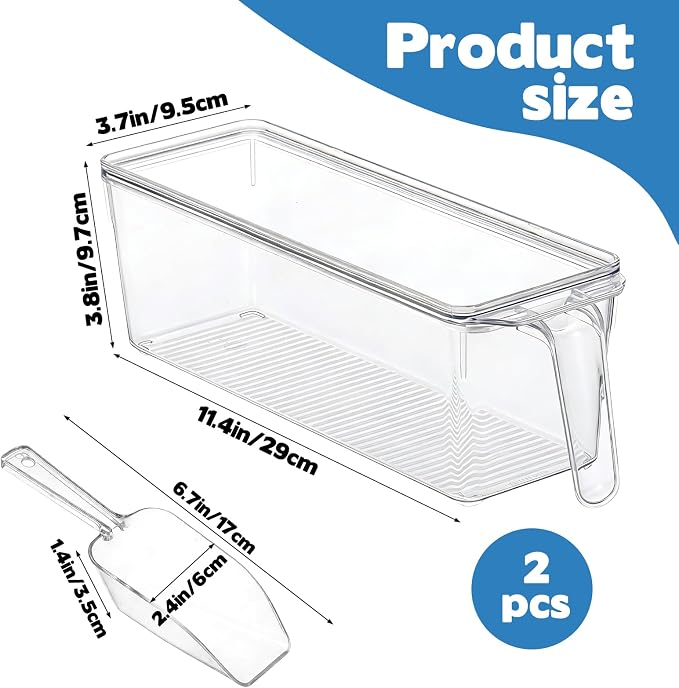 2 Set Ice Bin for Freezer with Lid and 2 Scoop Set Plastic Freezer Ice Bin with Pull-Out Handle Clear Storage Bucket Kitchen Food Storage Organizer for Home Office Fridge Kitchen, 11.4*3.7*3.8inch - Image 2
