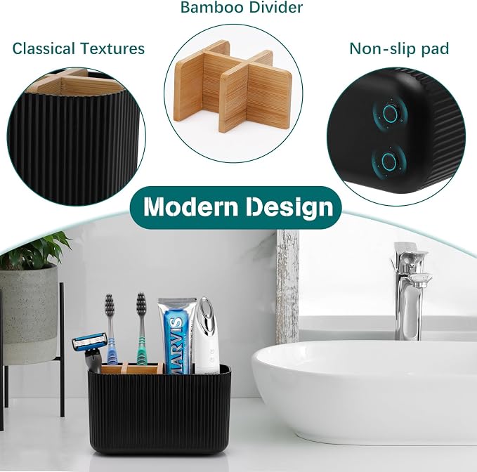 GFWARE Black Toothbrush Holder, 5 Slots Bathroom Organizers and Storage | Bamboo Toothbrush Holder, Kids Electric Toothbrush Holder and Toothpaste Storage for Bathroom Sink Organizer - Image 3