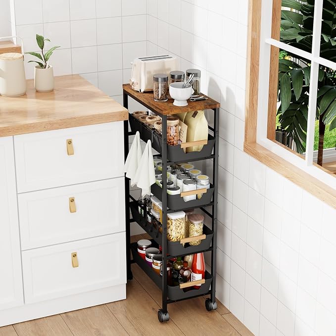 5-Tier Slim Storage Cart, Wooden Top Rolling Kitchen Cart with Pull-Out Baskets & Wheels, Narrow Space Utility Cart Slide Out Organizer for Kitchen, Bathroom, Laundry Room, Black - Image 2