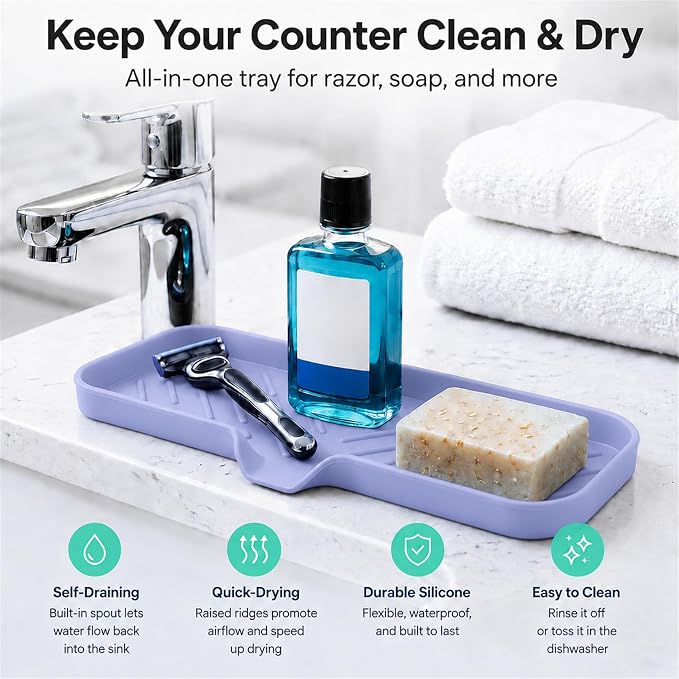 MicoYang Silicone Soap Dish with Drain Spout — Self-Draining Double Sink Organizer Tray for Kitchen & Bath, Dispensers, Sponges & Soap Holder, Non-Slip & Dishwasher Safe, Light Purple (Large, 12"×4") - Image 6