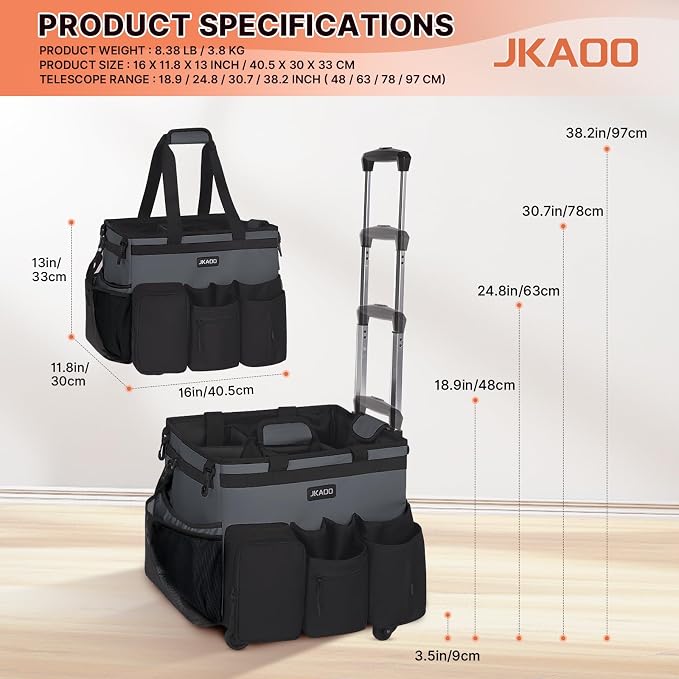 JKAOO Large Rolling Cleaning Caddy Bag with Detachable Trolley, Gray | Waterproof Cleaning Caddy with Wheels, 40L Wheeled Organizer Cart for Supplies, Housekeepers, Home, Office, Car, Picnic - Image 2