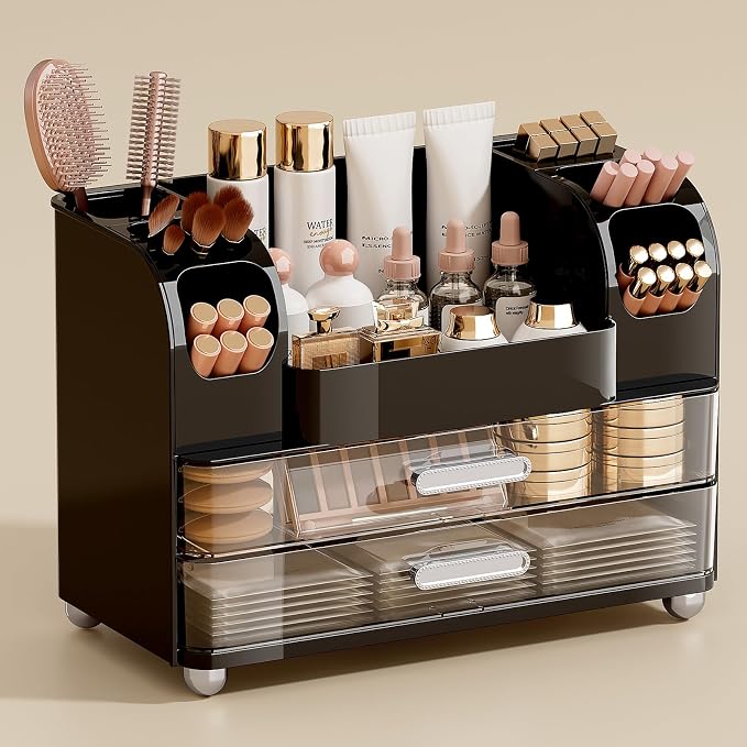 UFORU Makeup Organizer Countertop with 2 Large Drawers for Vanity Bathroom | Brush Holder, Large Capacity, Thickened Plastic, Compact Footprint, Space-Saving Design, Easy Clean, Ideal for Dorm Rooms by UFORU
