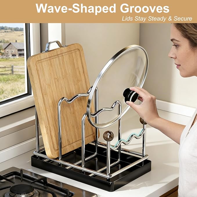 Pot Lid Organizer Cutting Board Holder with Removable Tray -Black | 3-Slot Kitchen Pot Lid Storage Rack Chopping Board Holder for Countertop, 8.2 x 5.1 x 7.2 in - Image 3