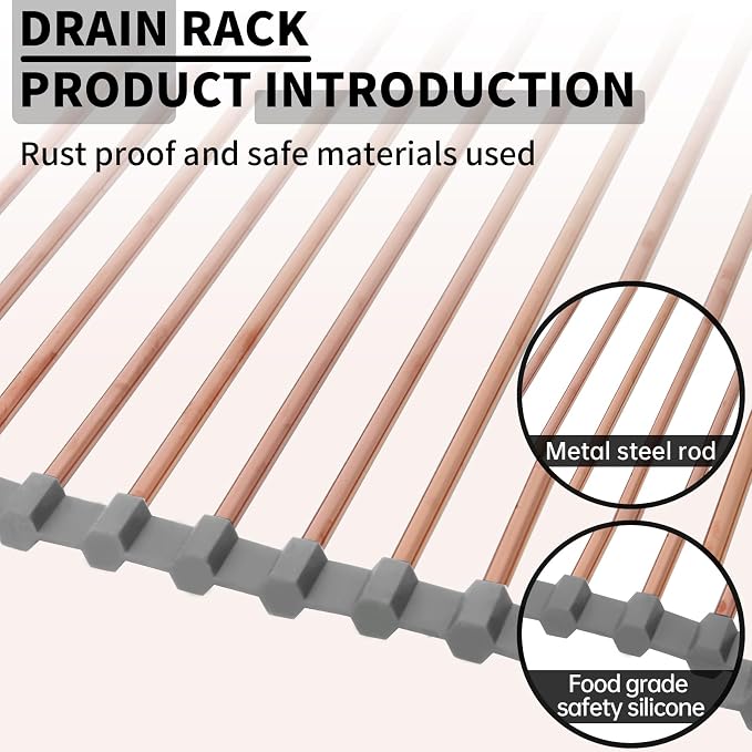11.8" x 17" Expandable Roll Up Over The Rack Sink Cover Kitchen Dish Drying Rack,SUS304 Stainless Steel Multipurpose Collapsible Organizer Dish Drying Rack for Kitchen Sink Cover,Rose Gold - Image 7