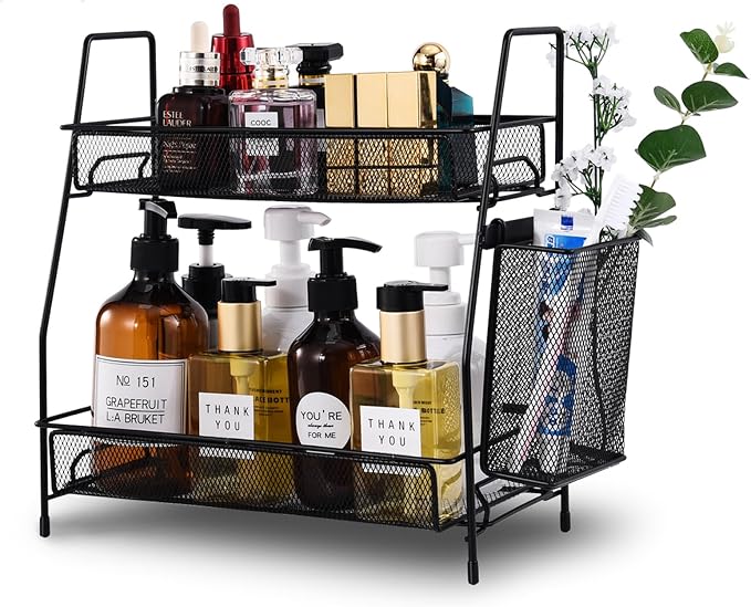 2-Tier Bathroom Countertop Organizer,Skincare, Makeup Countertop Organizers, Kitchen, Bathroom Counter Storage with Small Basket (Black) by LemikkleDirect