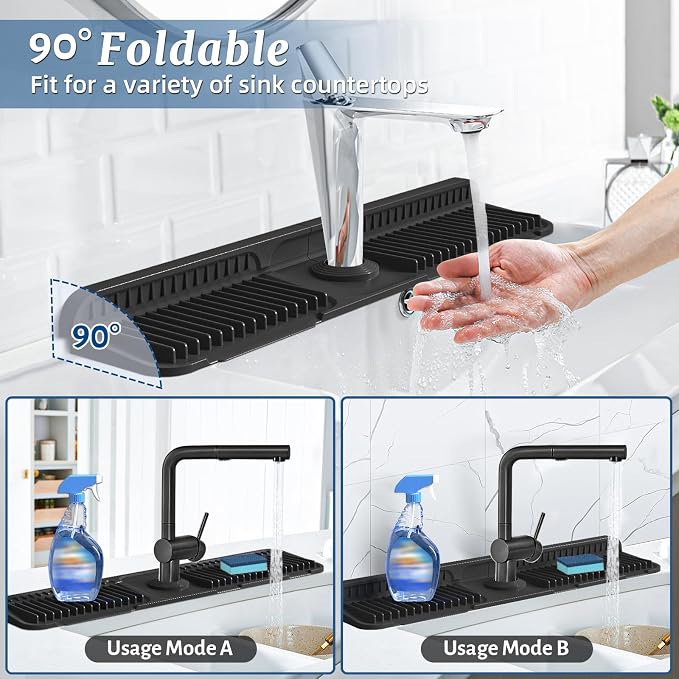 PoYang 24 Inch Faucet Mat for Kitchen Sink Splash Guard, Silicone, Black | Sink Protectors with 7° Slope for Smooth Drainage, Snap Button Holds It in Place, 90° Foldable & Cuttable Hole Fit Most Sinks - Image 2